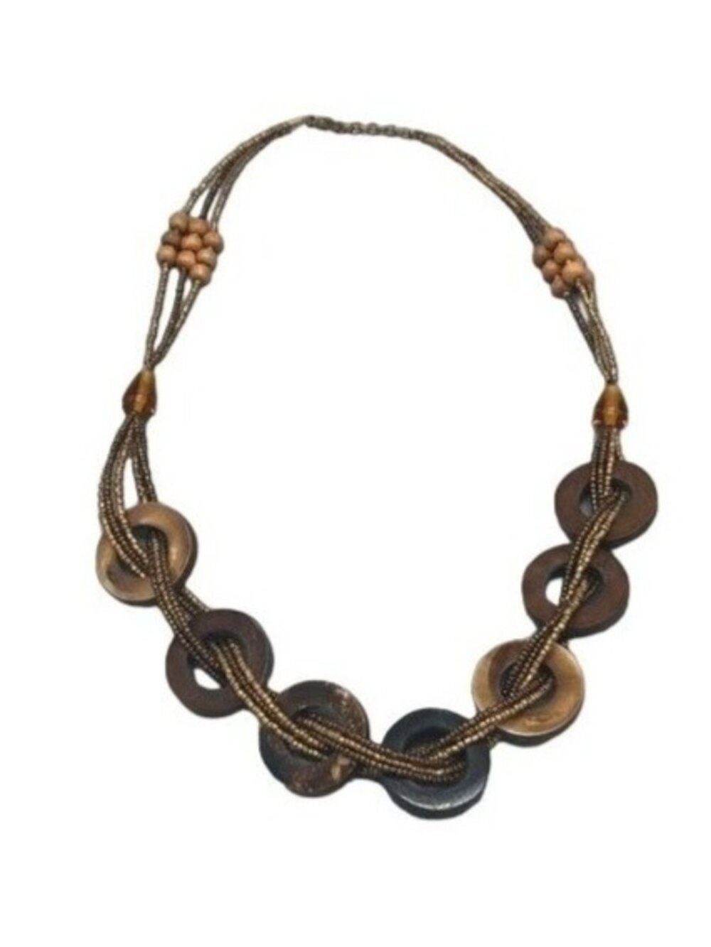 vintage costume necklace beaded little big brown clasp weaved 3 strains READ